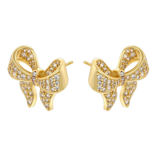 Picture of 1 Pair Stylish 18K Gold Plated Brass Bowknot Micro Pave Ear Post Stud Earrings For Women