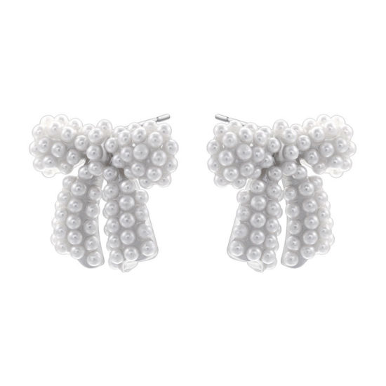 Picture of 1 Pair Stylish Platinum Plated Brass Bowknot Imitation Pearl Ear Post Stud Earrings For Women