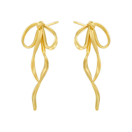 Picture of 1 Pair Stylish 18K Gold Plated Brass Bowknot Ear Post Stud Earrings For Women