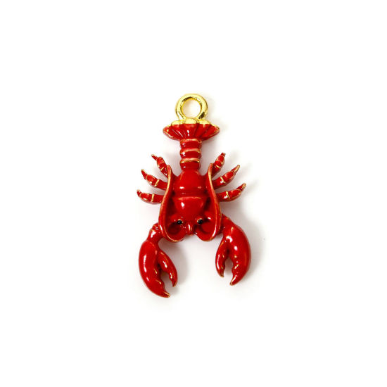 Picture of 10 PCs Zinc Based Alloy Ocean Jewelry Charms Gold Plated Red Lobster Enamel 3D 25mm x 14mm