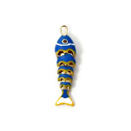 Picture of 1 Piece Eco-friendly Brass Ocean Jewelry Pendants 18K Real Gold Plated Dark Blue Enamel Fish Animal 3D Movable Orange Cubic Zirconia 4.1cm x 1cm