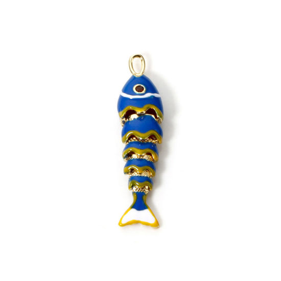 Image de 1 Pièce Pendentifs Bijoux d'Océan Respectueux de la Nature en Laiton Plaqué Or Véritable 18K Blanc & Bleu Foncé Poisson Mobile 4.1cm x 1cm