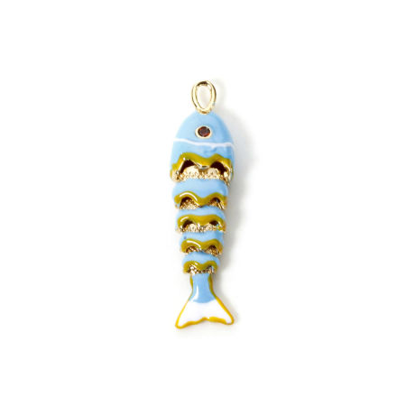 Picture of 1 Piece Eco-friendly Brass Ocean Jewelry Pendants 18K Real Gold Plated Light Blue Enamel Fish Animal 3D Movable Orange Cubic Zirconia 4.1cm x 1cm