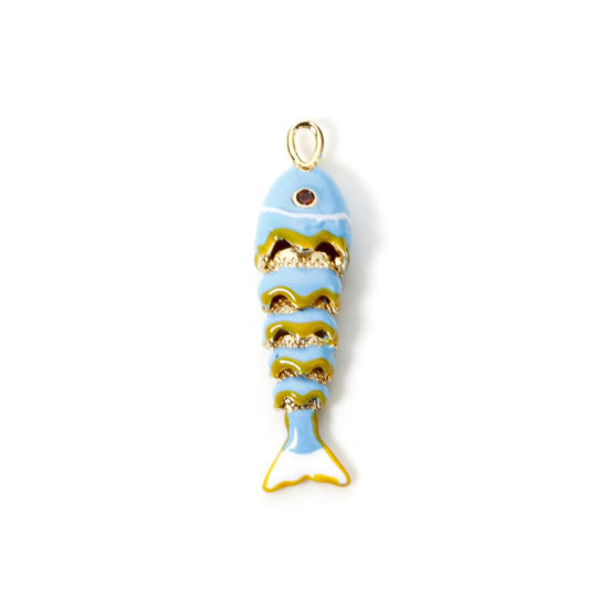 Image de 1 Pièce Pendentifs Bijoux d'Océan Respectueux de la Nature en Laiton Plaqué Or Véritable 18K Blanc & Bleu Poisson Mobile 4.1cm x 1cm