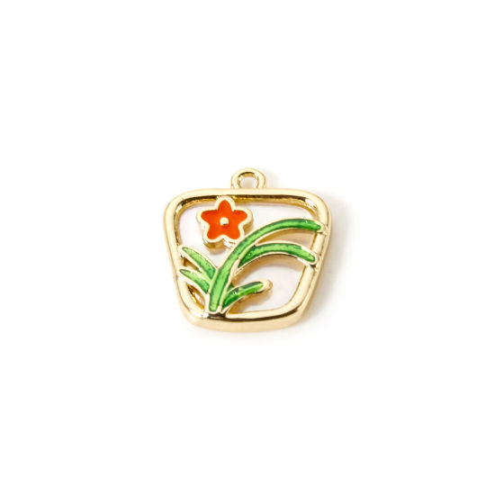 Picture of 1 Piece Natural Shell & Brass Charms 18K Gold Plated Green & Orange Trapezoid Flower Enamel 12.5mm x 12mm