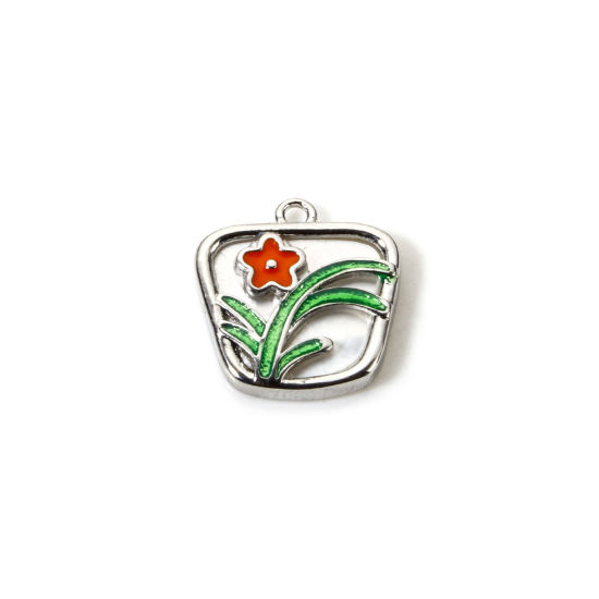 Picture of 1 Piece Natural Shell & Brass Charms Platinum Plated Green & Orange Trapezoid Flower Enamel 12.5mm x 12mm