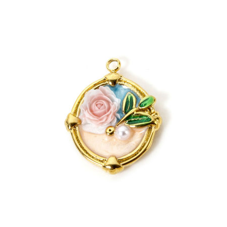 Picture of 1 Piece Eco-friendly PVD Vacuum Plating Waterproof Anti-Tarnish Hypoallergenic 304 Stainless Steel Oil Painting Style Charms 18K Real Gold Plated Round Disc Rose Flower Enamel 23mm x 18mm