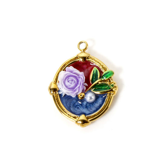 Picture of 1 Piece Eco-friendly PVD Vacuum Plating 304 Stainless Steel Oil Painting Style Charms 18K Real Gold Plated Round Disc Rose Flower Enamel 23mm x 18mm