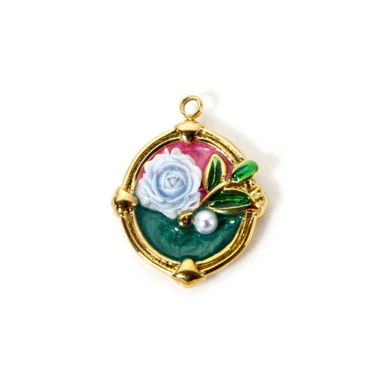 Picture of 1 Piece Eco-friendly PVD Vacuum Plating 304 Stainless Steel Oil Painting Style Charms 18K Real Gold Plated Round Disc Rose Flower Enamel 23mm x 18mm