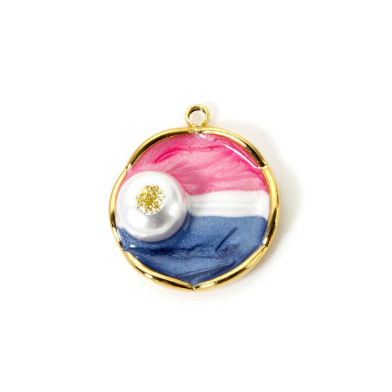 Picture of 1 Piece Eco-friendly PVD Vacuum Plating 304 Stainless Steel Oil Painting Style Charms 18K Real Gold Plated Round Disc Acrylic Imitation Pearl 22mm x 19mm