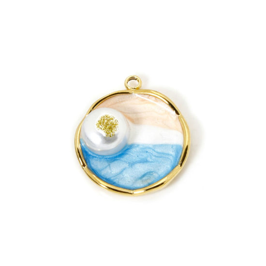 Picture of 1 Piece Eco-friendly PVD Vacuum Plating 304 Stainless Steel Oil Painting Style Charms 18K Real Gold Plated Round Disc Acrylic Imitation Pearl 22mm x 19mm