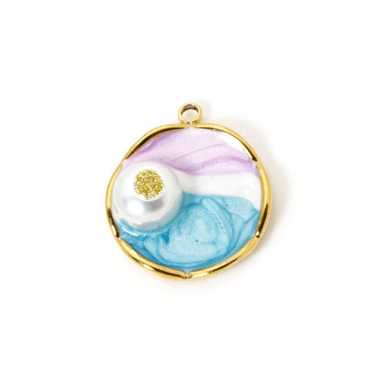 Picture of 1 Piece Eco-friendly PVD Vacuum Plating 304 Stainless Steel Oil Painting Style Charms 18K Real Gold Plated Round Disc Acrylic Imitation Pearl 22mm x 19mm