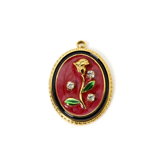 Picture of 1 Piece Eco-friendly PVD Vacuum Plating 304 Stainless Steel Oil Painting Style Charms 18K Real Gold Plated Oval Rose Flower Enamel 26mm x 19mm