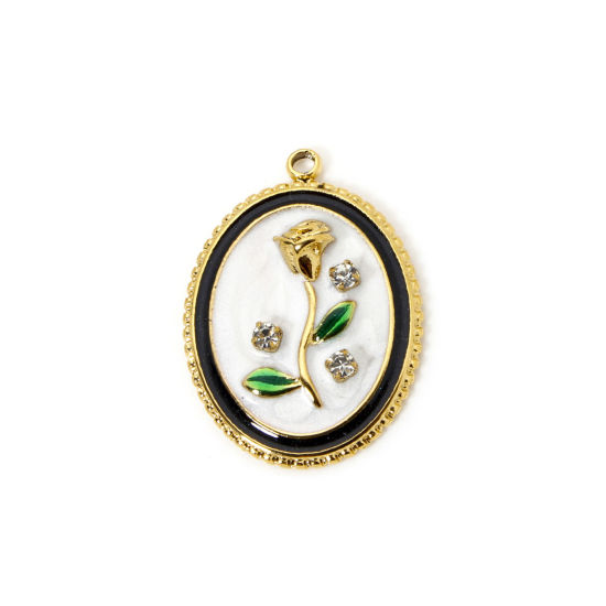 Picture of 1 Piece Eco-friendly PVD Vacuum Plating 304 Stainless Steel Oil Painting Style Charms 18K Real Gold Plated Oval Rose Flower Enamel 26mm x 19mm