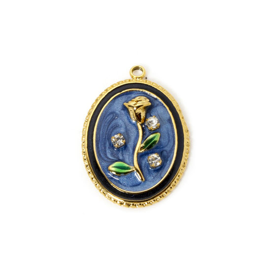 Picture of 1 Piece Eco-friendly PVD Vacuum Plating 304 Stainless Steel Oil Painting Style Charms 18K Real Gold Plated Oval Rose Flower Enamel 26mm x 19mm