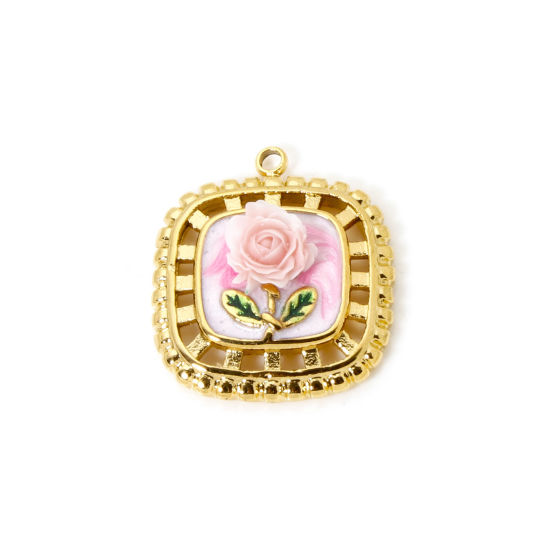 Picture of 1 Piece Eco-friendly PVD Vacuum Plating 304 Stainless Steel Oil Painting Style Charms 18K Real Gold Plated Square Rose Flower Enamel 24mm x 21mm