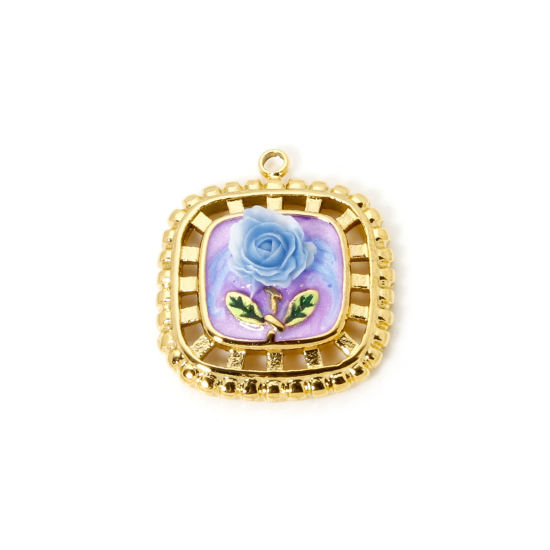 Picture of 1 Piece Eco-friendly PVD Vacuum Plating 304 Stainless Steel Oil Painting Style Charms 18K Real Gold Plated Square Rose Flower Enamel 24mm x 21mm