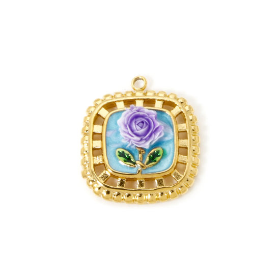 Picture of 1 Piece Eco-friendly PVD Vacuum Plating 304 Stainless Steel Oil Painting Style Charms 18K Real Gold Plated Square Rose Flower Enamel 24mm x 21mm
