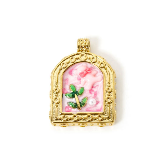Picture of 1 Piece Eco-friendly PVD Vacuum Plating 304 Stainless Steel Oil Painting Style Charms 18K Real Gold Plated Window Rose Flower Enamel 3cm x 2.2cm