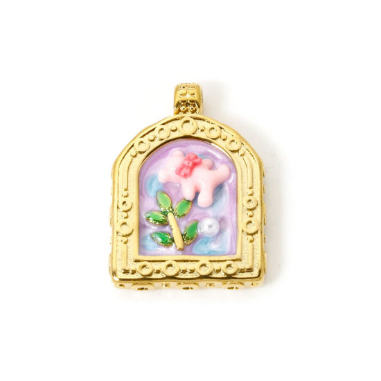 Picture of 1 Piece Eco-friendly PVD Vacuum Plating 304 Stainless Steel Oil Painting Style Charms 18K Real Gold Plated Square Bear Enamel 3cm x 2.2cm