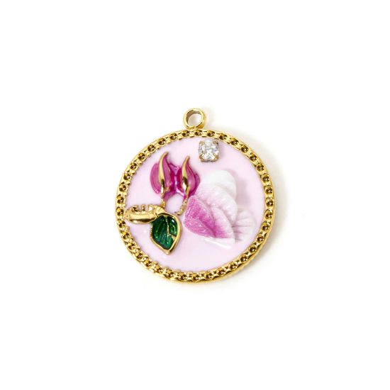 Picture of 1 Piece Eco-friendly PVD Vacuum Plating 304 Stainless Steel Oil Painting Style Charms 18K Real Gold Plated Round Disc Butterfly Enamel 22mm x 19.5mm