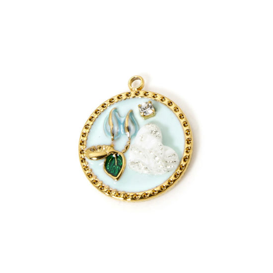 Picture of 1 Piece Eco-friendly PVD Vacuum Plating 304 Stainless Steel Oil Painting Style Charms 18K Real Gold Plated Round Disc Butterfly Enamel 22mm x 19.5mm