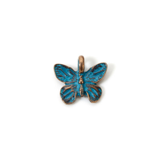 Bild von 10 Stück Zinklegierung Insekt Charms Rotkupferfarbe Blau Schmetterling Patina 15mm x 13.5mm