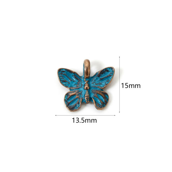 Bild von 10 Stück Zinklegierung Insekt Charms Rotkupferfarbe Blau Schmetterling Patina 15mm x 13.5mm