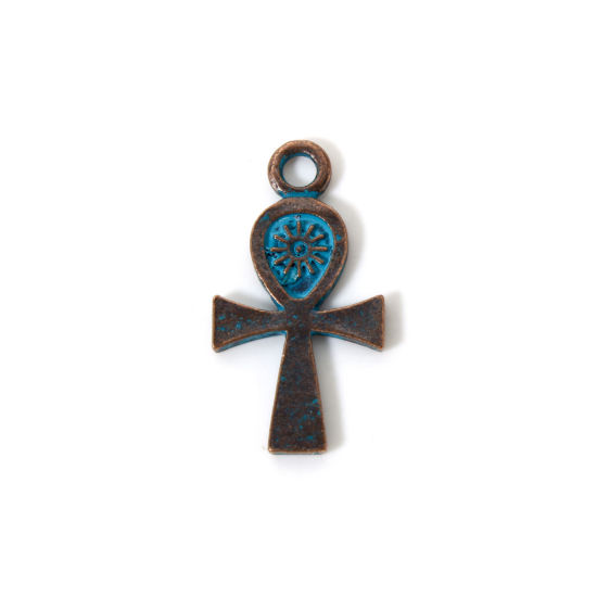 Bild von 10 Stück Zinklegierung Religiös Anhänger Rotkupferfarbe Blau Ankh ägyptisches Kreuz Patina 3cm x 1.6cm