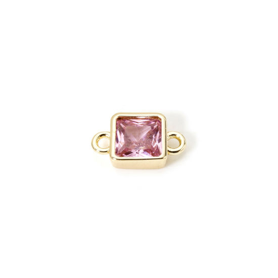 Immagine di 2 Pz Ecologico Ottone Pietre Nascita Pendenti Charms Connettori 18K Vero Oro Placcato Quadrato Ottobre Rosa Pallido Cubic Zirconiae 12mm x 7mm