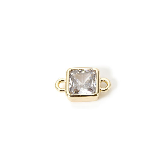 Immagine di 2 Pz Ecologico Ottone Pietre Nascita Pendenti Charms Connettori 18K Vero Oro Placcato Quadrato Aprile Trasparente Cubic Zirconiae 12mm x 7mm