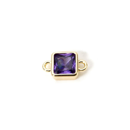 Picture of 2 PCs Eco-friendly Brass Birthstone Connectors Charms Pendants 18K Real Gold Plated Square February Purple Cubic Zirconia 12mm x 7mm