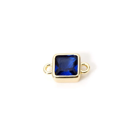 Picture of 2 PCs Eco-friendly Brass Birthstone Connectors Charms Pendants 18K Real Gold Plated Square September Royal Blue Cubic Zirconia 12mm x 7mm