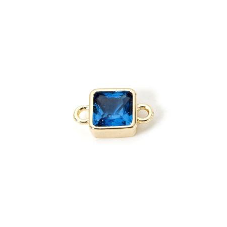 Picture of 2 PCs Eco-friendly Brass Birthstone Connectors Charms Pendants 18K Real Gold Plated Square March Aqua Blue Cubic Zirconia 12mm x 7mm