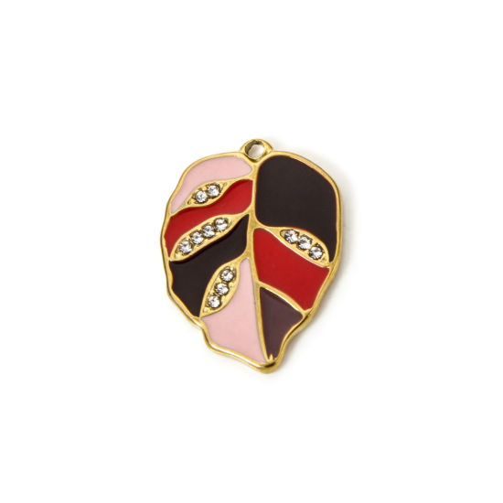 Picture of 2 PCs Eco-friendly PVD Vacuum Plating 304 Stainless Steel Flora Collection Charms 18K Real Gold Plated Leaf Enamel Clear Rhinestone 22mm x 16mm