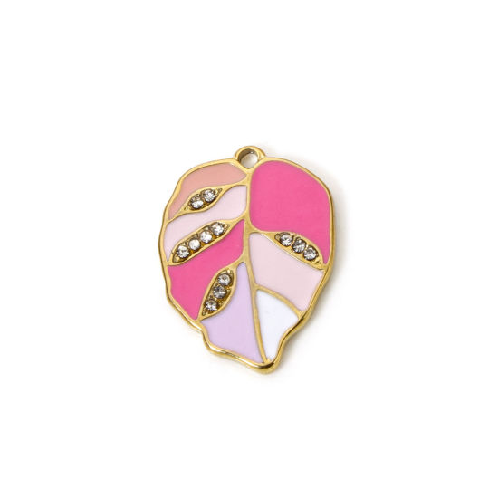 Picture of 2 PCs Eco-friendly PVD Vacuum Plating 304 Stainless Steel Flora Collection Charms 18K Real Gold Plated Leaf Enamel Clear Rhinestone 22mm x 16mm