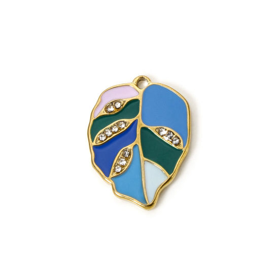 Picture of 2 PCs Eco-friendly PVD Vacuum Plating 304 Stainless Steel Flora Collection Charms 18K Real Gold Plated Leaf Enamel Clear Rhinestone 22mm x 16mm