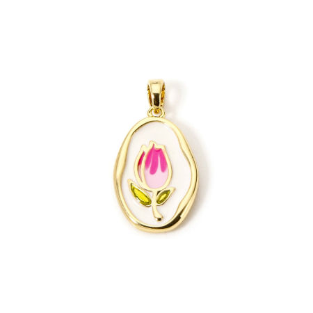 Picture of Eco-friendly Brass Charm Pendant Real Gold Plated Enamel Oval Tulip Flower Enamel