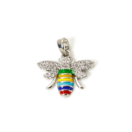 Imagen de 1 Unidad Respetuoso del Medio Ambiente Latón Insecto Colgantes Charms Platino Real Chapado Multicolor Esmalte Abejas Claro Circón Artificial 21mm x 19mm