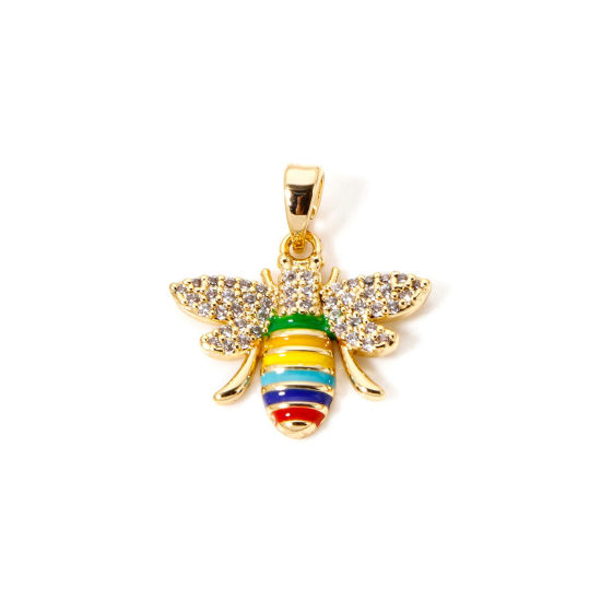 Imagen de 1 Unidad Respetuoso del Medio Ambiente Latón Insecto Colgantes Charms 18K Oro Real Chapado Multicolor Esmalte Abejas Claro Circón Artificial 21mm x 19mm