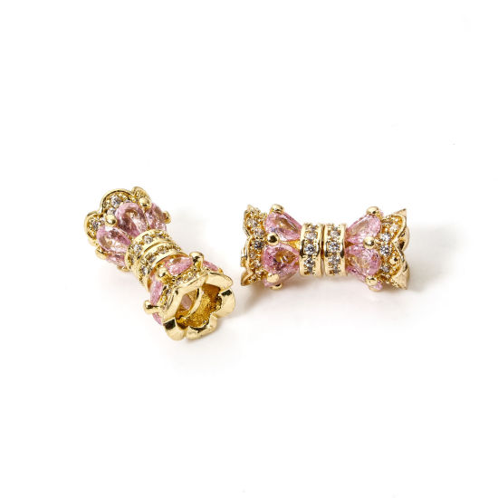 Picture of 1 Piece Brass Screw Clasps Hourglass 18K Gold Plated Can Be Screwed Off Pink Cubic Zirconia 16mm x 9mm