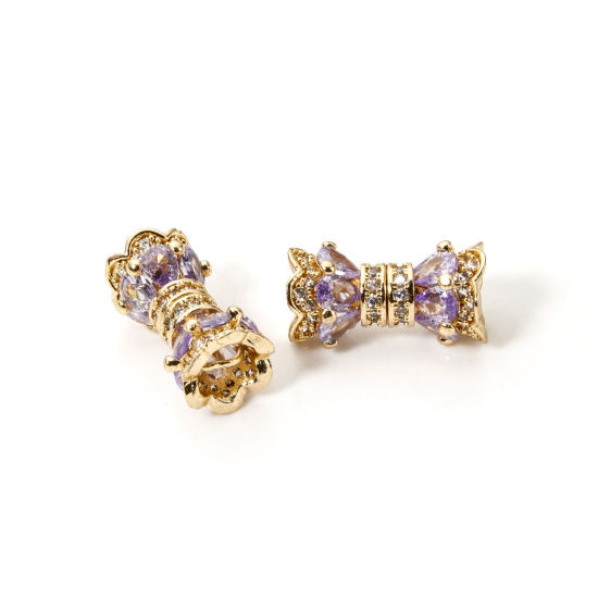 Picture of 1 Piece Brass Screw Clasps Hourglass 18K Gold Plated Can Be Screwed Off Purple Cubic Zirconia 16mm x 9mm