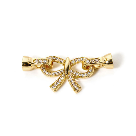 Picture of 1 Piece Brass Fold Over Clasps Bowknot 18K Gold Plated Clear Cubic Zirconia 38mm x 15mm