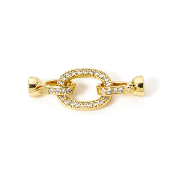 Picture of 1 Piece Brass Fold Over Clasps Oval 18K Gold Plated Clear Cubic Zirconia 36mm x 13mm