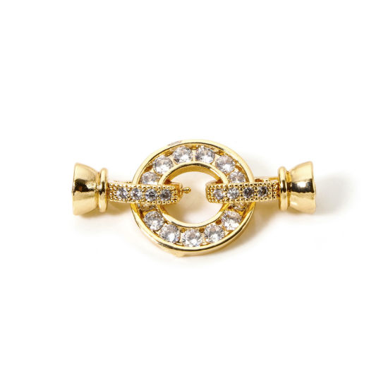 Picture of 1 Piece Brass Fold Over Clasps Round 18K Gold Plated Clear Cubic Zirconia 34mm x 17mm