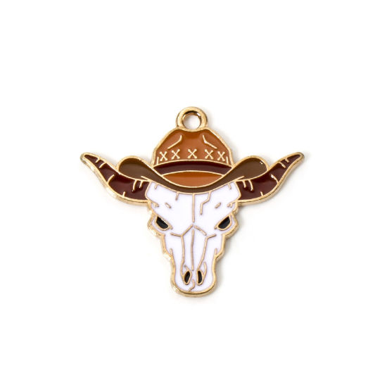 Image de 10 Pcs Breloques Cowboy de l'Ouest en Alliage de Zinc Doré Multicolore Bœuf Émail 30mm x 27mm