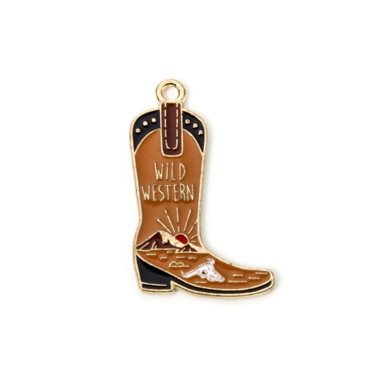 Image de 10 Pcs Breloques Cowboy de l'Ouest en Alliage de Zinc Doré Café Boots Émail 32mm x 20mm