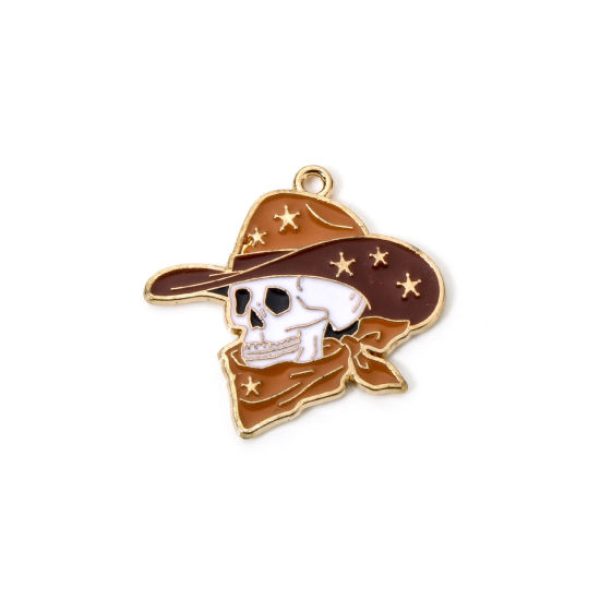 Image de 10 Pcs Breloques Cowboy de l'Ouest en Alliage de Zinc Doré Multicolore Crâne Émail 28mm x 27mm