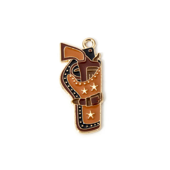Image de 10 Pcs Breloques Cowboy de l'Ouest en Alliage de Zinc Doré Café Pistolet Émail 32mm x 14mm