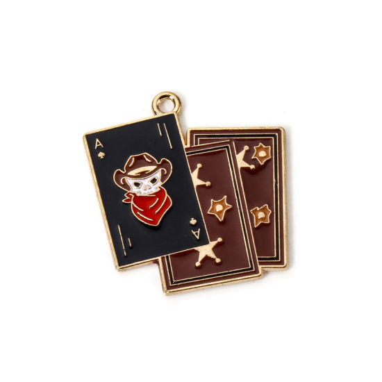 Image de 10 Pcs Breloques Cowboy de l'Ouest en Alliage de Zinc Doré Café Poker Crânes Émail 30mm x 29mm